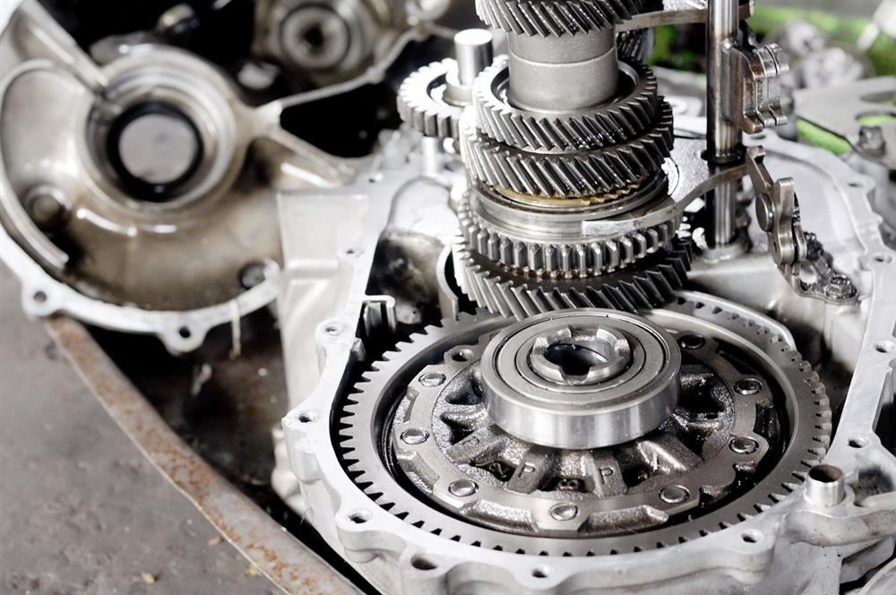 A closeup of mechanical gears in machinery.